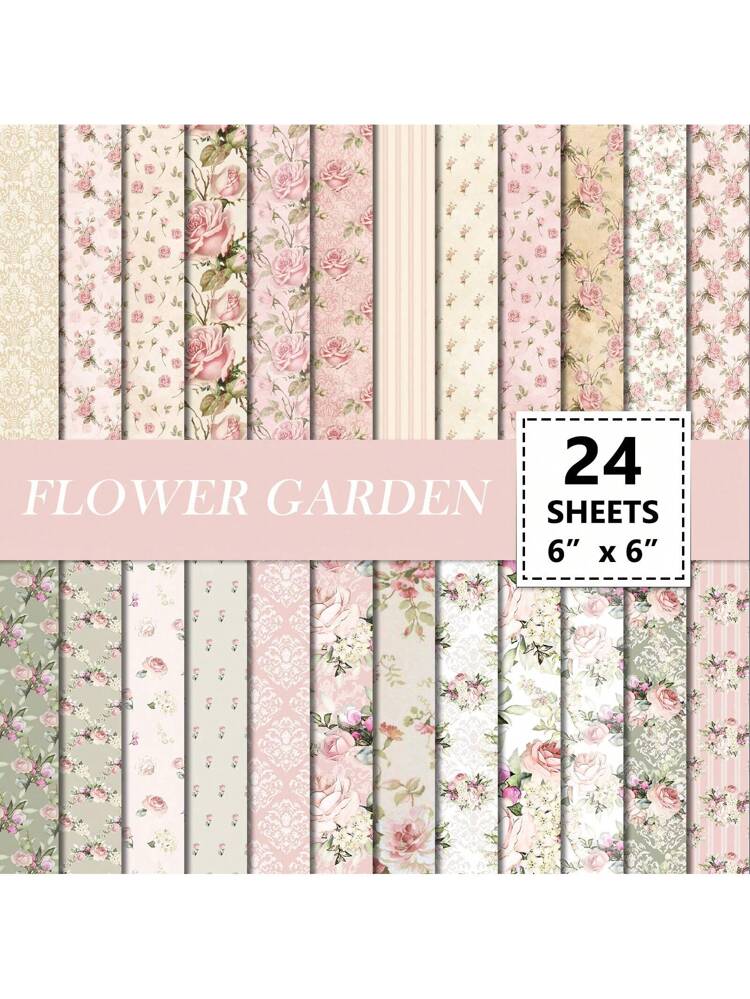 24pcs 6'x6' Pink Roses Flower Scrapbook Paper, Spring Vintage Floral Craft Prints, Vision Board Diy Crafts Kit, For Junk Journaling And Valentine's Day Party Decoration Supplies,School Supplies,Back To School