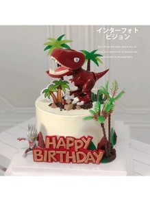 大型暴龍卡通侏羅紀動物恐龍娃娃蛋糕裝飾紅綠色恐龍怪物嬰兒生日蛋糕甜點裝飾玩具 - 紅色 - 查看 1