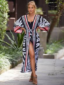 Tropical Print Belted Kimono Dress - Multicolor - View 7