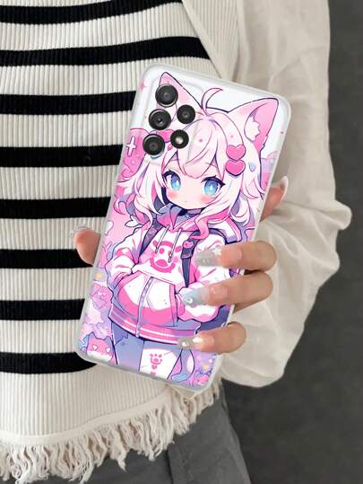 1pc Cute Cat Girl Illustration Tpu Phone Case In Pink, Compatible With Iphone And Compatible With Samsung,International Version, Not The Domestic Version