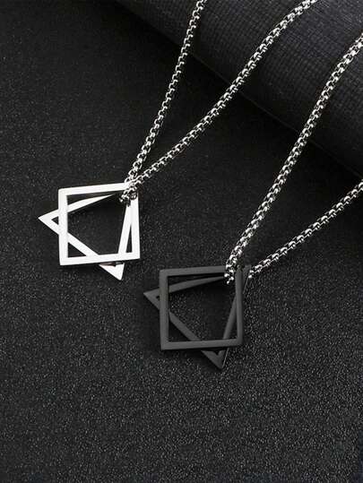 2pcs/set Triangle & Square Pendant Titanium Steel Necklace With Long Sweater Chain For Couples Daily Wear