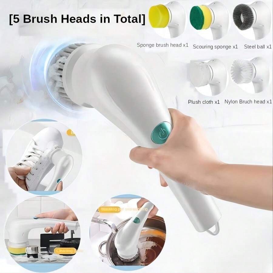 1 件新款電動清潔刷 5 個刷頭清潔器多功能清潔鍋碗瓢盆廚房浴室浴缸,玻璃