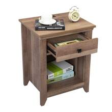 Farmhouse Nightstand, Bedside Table Night Stand End Table Side Table with Drawer and Shelf, Wood Storage Cabinet for Home Bedroom, USB Charging Station - 卡其色 - 查看 2