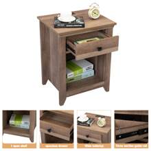 Farmhouse Nightstand, Bedside Table Night Stand End Table Side Table with Drawer and Shelf, Wood Storage Cabinet for Home Bedroom, USB Charging Station - 卡其色 - 查看 5