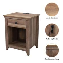 Farmhouse Nightstand, Bedside Table Night Stand End Table Side Table with Drawer and Shelf, Wood Storage Cabinet for Home Bedroom, USB Charging Station - 卡其色 - 查看 6