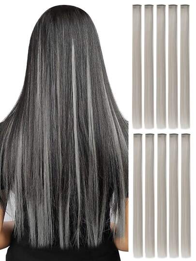 10pcs Colorful Clip-In Hair Extensions, 20 Inch Straight Synthetic Hair, Clip-In Hair For Halloween Costume, Christmas, Party, Music Festival, New Year Gift, Women (Red)