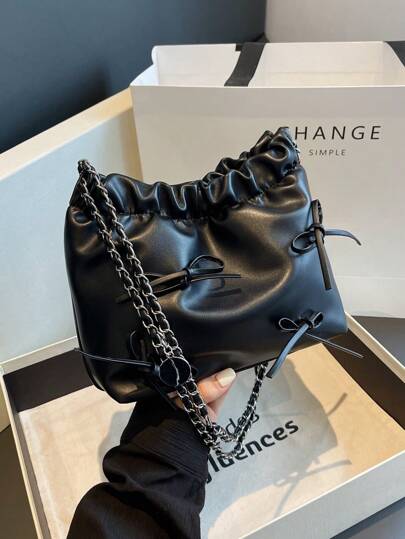 1 件纯色蝴蝶结装饰 PU 皮革女士单肩包，时尚开放式顶部手提包，带有链条和褶皱设计，适合女性、女孩、学生、旅行、派对、日常送礼，日式包包，送给她的完美情人节礼物，有史以来最好的情人节礼物选择