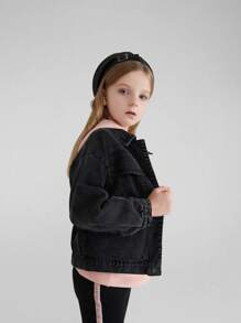 Annil 女童夾克黑色牛仔外套，秋冬季學生透氣休閒上衣 - 黑色 - 查看 2