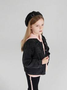 Annil 女童夾克黑色牛仔外套，秋冬季學生透氣休閒上衣 - 黑色 - 查看 3