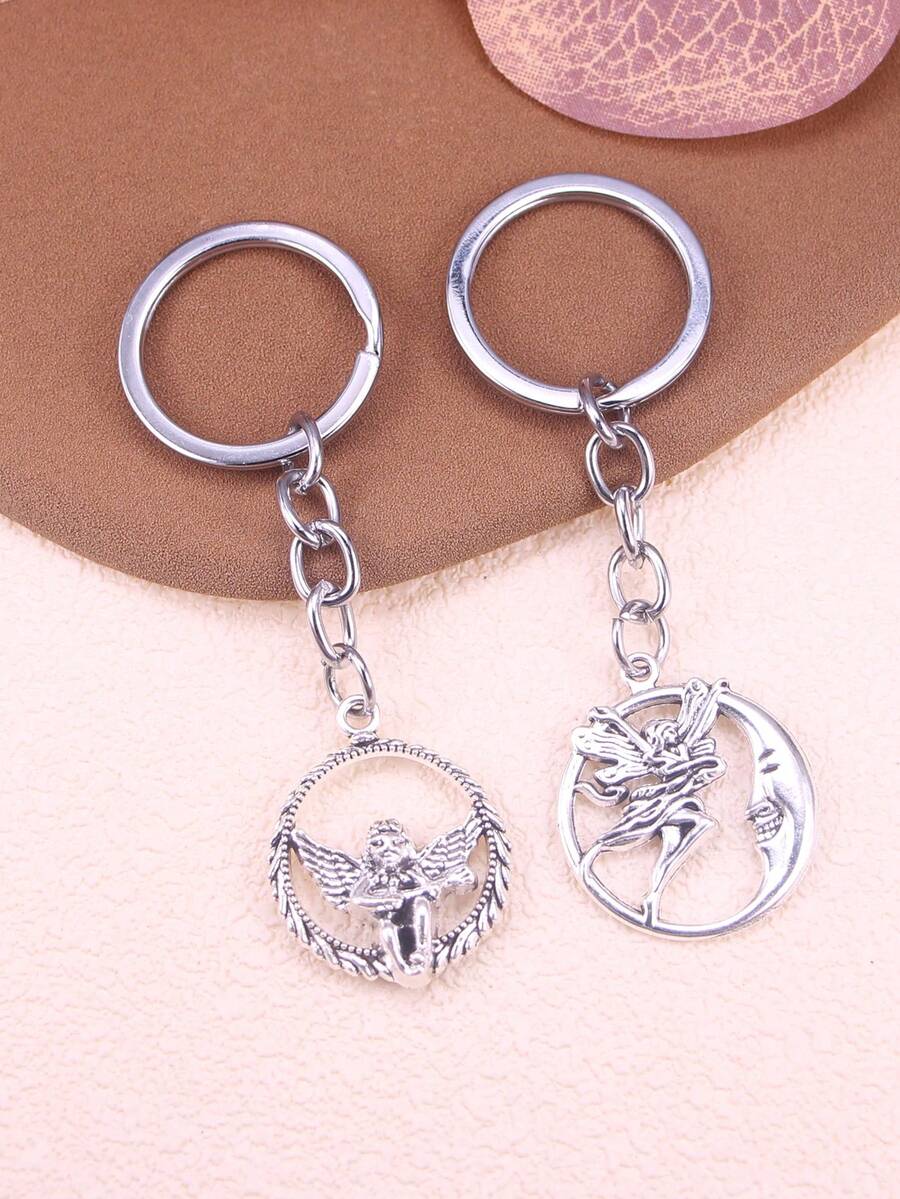 2pcs Angel Moon Charm KeyChain DIY Jewelry Finding - Antique Silver - View 1