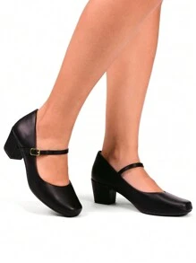 Sapato Boneca Salto Scarpin Feminino Bico Quadrado CM Calçados Salto Bloco Alto Confortável Fivela - Preto - Visão 2
