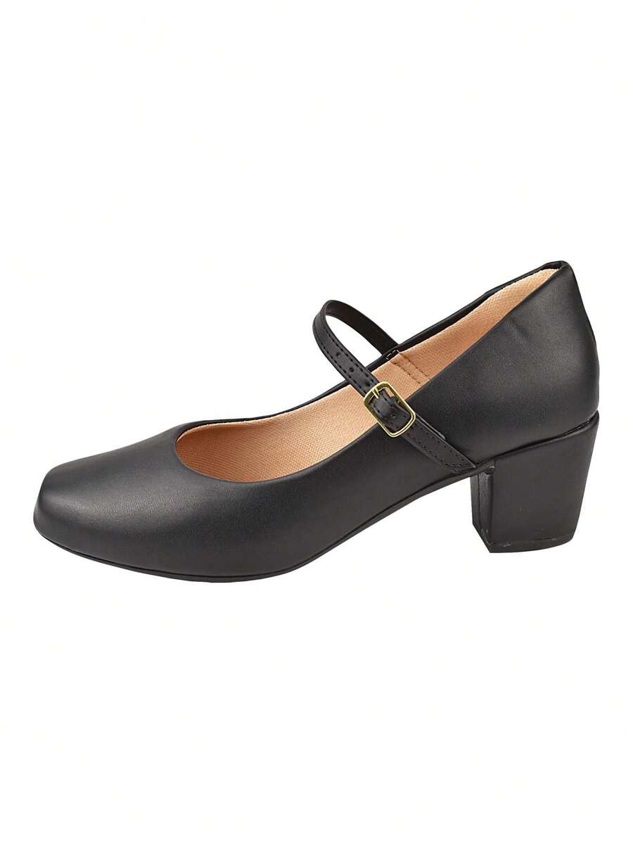 Sapato Boneca Salto Scarpin Feminino Bico Quadrado CM Calçados Salto Bloco Alto Confortável Fivela - Preto - Visão 1