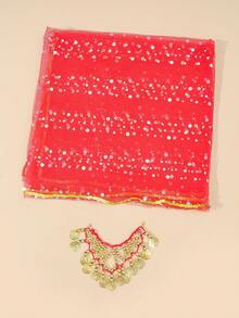 1set Red Belly Dance Sequin Head Scarf And Headband - Red - View 3