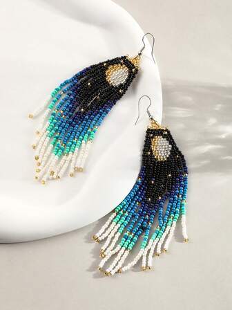 1 Pair Bohemian Style Gradient Blue & Black Glass Beaded Handmade Long Tassel Earrings, Suitable For Daily Wear For Women