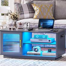 Lvifur Auto Sensor 3-Color Dimmable LED Coffee Table with Human Body Sensor,Living Room Table with 2 Outlets & USB & Type-C Ports,Dining Table with Drawer & Shelves for Living Room…