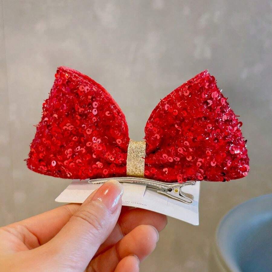 1个12厘米闪亮彩色蝴蝶结发夹，带兔耳朵设计，3D立体发夹，适合青少年，闪亮发饰，适合作为圣诞礼物 - 紅色 - 查看 1