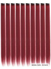 10片彩色夹式接发，20英寸直发合成假发，适用于万圣节装扮、圣诞节、派对、音乐节、新年礼物，女士（红色） - 酒紅色 - 查看 3