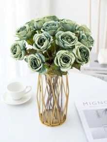 2入組具有復古歐式風格的人造玫瑰花束，適用於家居裝飾、飯廳、臥室、花瓶裝飾、戶外花園、DIY攝影道具、新娘手持花、手腕花材、生日派對裝飾、情人節禮物及新年禮品 - 綠色 - 查看 4