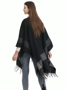 1 件女式大碼黑色人造羊絨流蘇披肩圍巾,兩用辦公毯,簡約時尚日常使用 - 黑色 - 查看 3