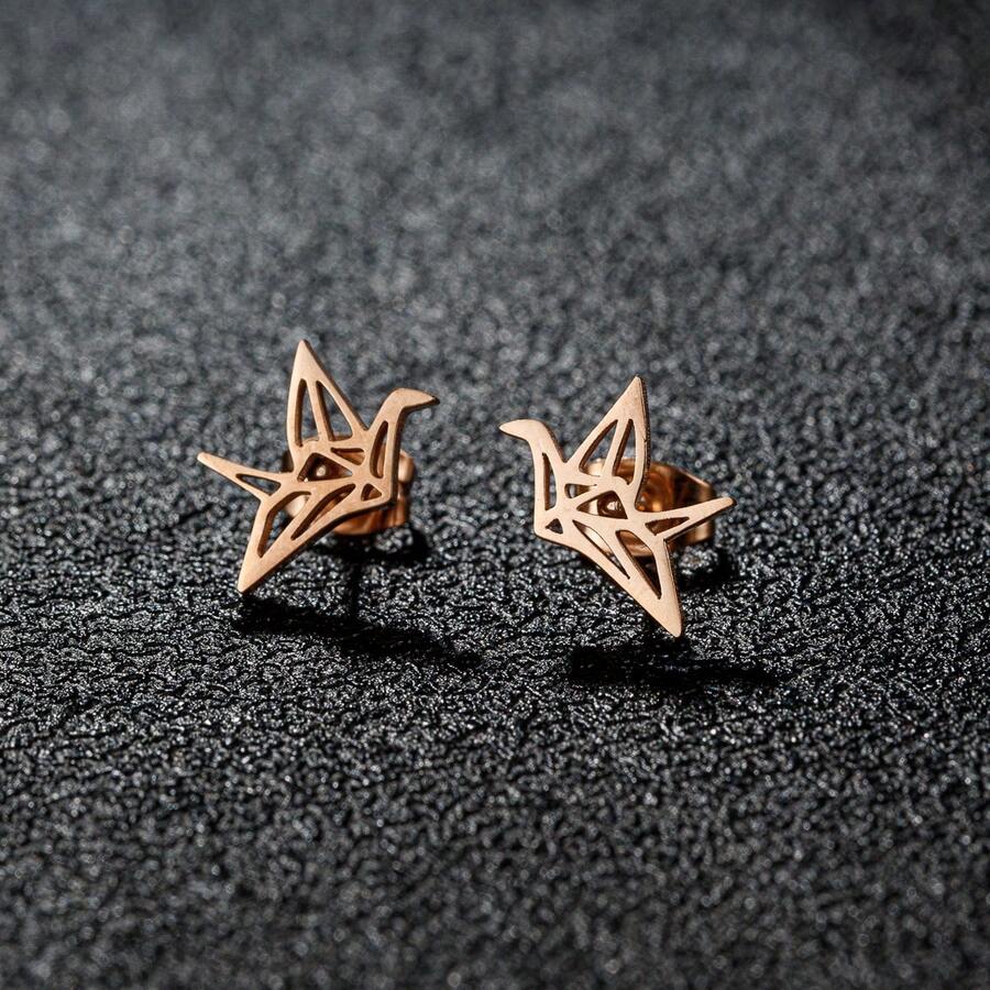 1 對時尚耳環可愛狂野摺紙鶴耳釘女式花式耳環鳥類耳環婚禮耳環 - 玫瑰金 - 查看 1