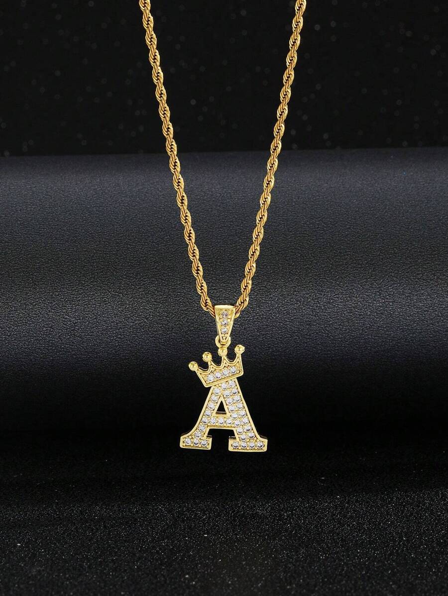 1件儿童流行立方氧化锆字母皇冠吊坠扭绳项链，适合男孩和女孩，可用作圣诞节派对、生日礼物 - 金黃色 - 查看 1