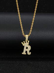 1件儿童流行立方氧化锆字母皇冠吊坠扭绳项链，适合男孩和女孩，可用作圣诞节派对、生日礼物 - 金黃色 - 查看 2