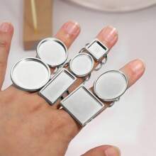 2入組不鏽鋼可調節大小的圓形/方形/橢圓形鑲嵌中空底部玻璃珠戒指,diy珠寶配件戒指 - 銀色 - 查看 1