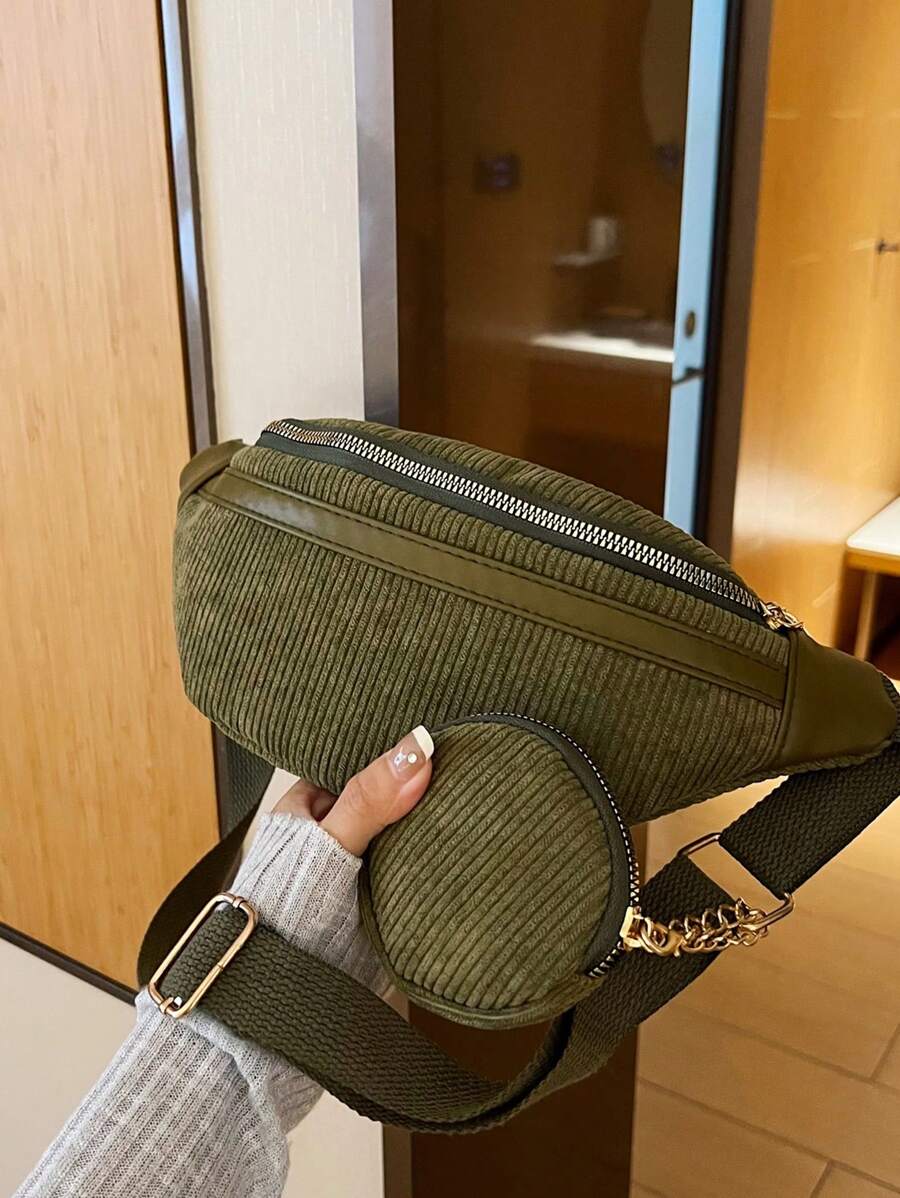 1入組復古燈芯絨胸包,斜挎包,腰包適用於手機女士包套裝附錢包套裝