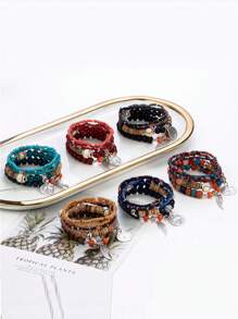 波西米亞風格多層串珠手鏈,彈性有彈性 - 淺藍色 - 查看 2