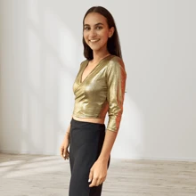 Fashion Elegant Shiny Three Quarter Sleeve Spandex Blouse Metallic Cross Crop Top T-Shirt - Gold - View 5