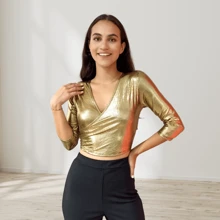 Fashion Elegant Shiny Three Quarter Sleeve Spandex Blouse Metallic Cross Crop Top T-Shirt - Gold - View 4