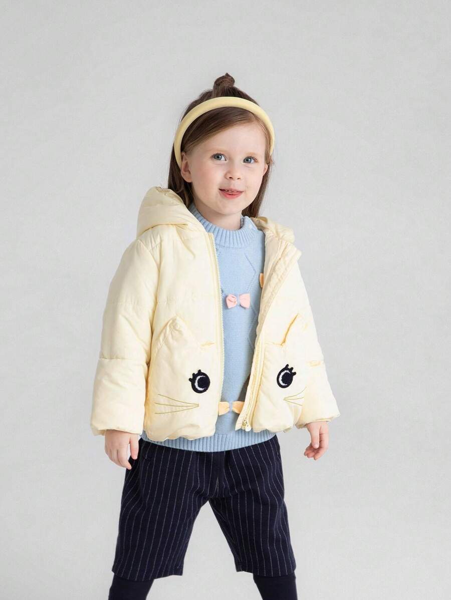 Annil 小女孩短款连帽棉衣外套，冬季宝宝加厚保暖拉链衬衫夹克黄色 - 黃色 - 查看 1