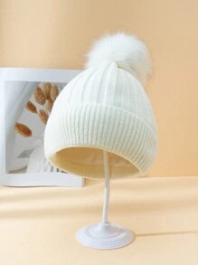 1 chiếc mũ len màu trơn cho nữ có tua rua, lót nhiệt, chống gió và ấm, thích hợp để đội hàng ngày - trắng - Xem 3