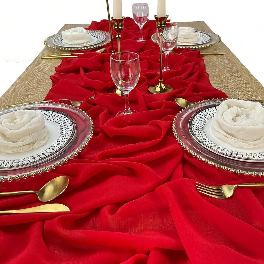 1pc Red Chiffon Wedding Table Runner, 27 X 120 Inches, Romantic Boho Style - Red - View 1