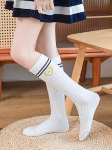 2 Pairs Girls' Cartoon Print Straight Mid-Calf Socks, Thin Design, Suitable For Everyday Wear, All Season