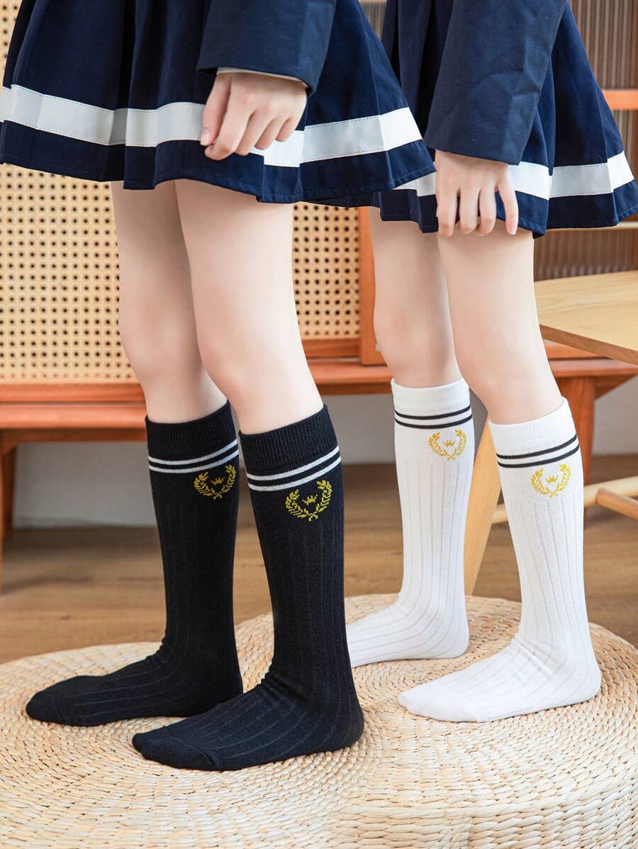 2 Pairs Girls' Cartoon Print Straight Mid-Calf Socks, Thin Design, Suitable For Everyday Wear, All Season
