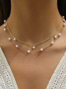 2 chiếc vòng cổ mặt thánh giá và ngọc trai giả cho nữ (Số lượng ngọc trai là ngẫu nhiên) - Vàng - Xem 1