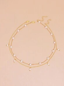 2 chiếc vòng cổ mặt thánh giá và ngọc trai giả cho nữ (Số lượng ngọc trai là ngẫu nhiên) - Vàng - Xem 3