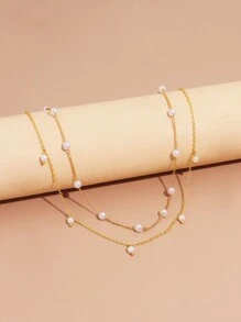2 chiếc vòng cổ mặt thánh giá và ngọc trai giả cho nữ (Số lượng ngọc trai là ngẫu nhiên) - Vàng - Xem 2