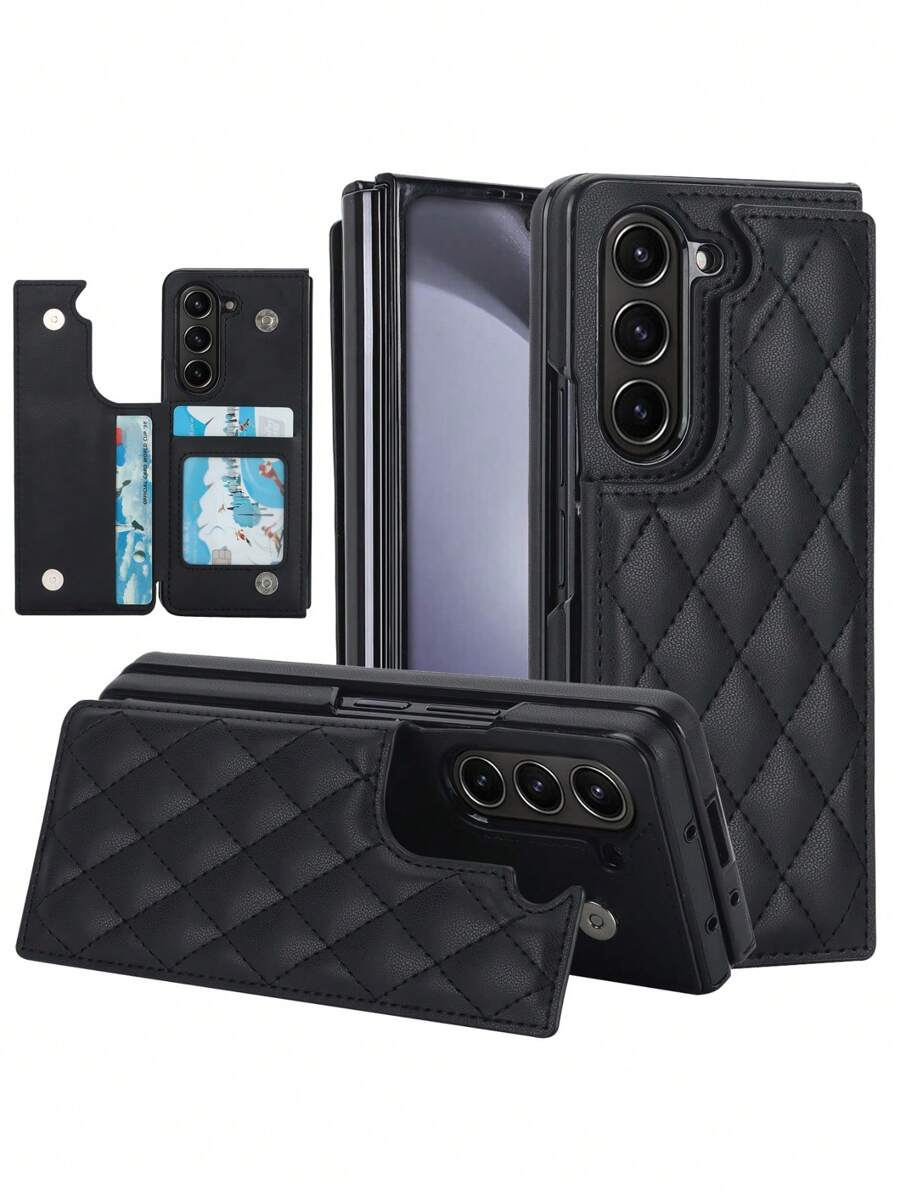 豪華皮革手機殼兼容三星galaxy Z Fold5 Fold 4 3,具有防震卡槽和立架保護套 - 黑色 - 查看 1