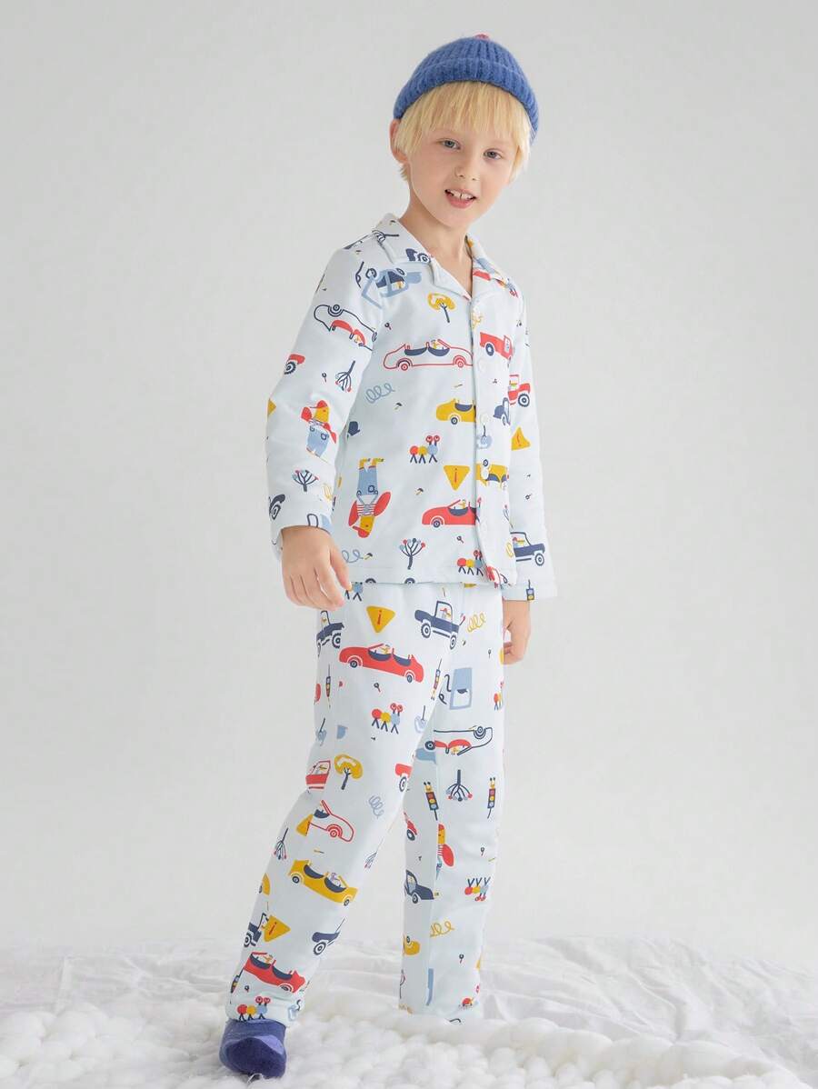 Annil 適合青少年男女的冬季加厚純棉親膚睡衣，可愛卡通印花保暖上衣和長褲兩件套藍色，兒童家居服裝 - 藍色 - 查看 1