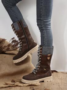 女式時尚棕色冬季雪地靴,防滑耐用中小腿戶外運動靴 - 鏽棕色 - 查看 2