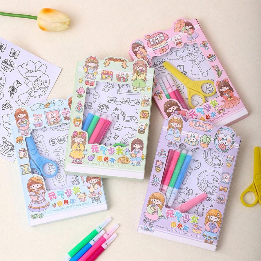 Cartoon Cute Girl Coloring Book For Kids With Tools For Drawing And Coloring, Random Design