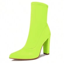 Women's Pointed Toe Ankle Boots Block Chunky Heel Ankle Boot High Heel Booties Stretch Lycra High Heeled Boots Fashion Short Boots - Màu vàng - Xem 2