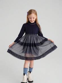 Annil Winter Trendmode für Tween Mädchen, elegantes blau gestricktes Langarm-Sweater-Kleid mit warmem Mesh-Einsatz