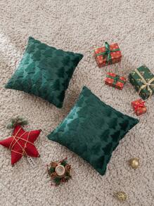 1pc Embroidered Christmas Tree Pillow Cover - Green - View 5