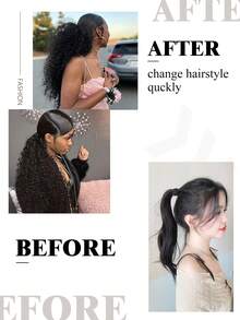 合成纖維耐高溫黑色20英寸拉繩辮馬尾深捲熱效應合成馬尾延伸非洲風格頑皮捲髮片,適合女性 - 黑色 - 查看 5