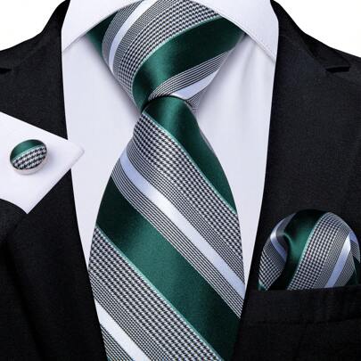 Green Striped Men Silk Tie Classic Necktie Cufflink Hanky Set Wedding