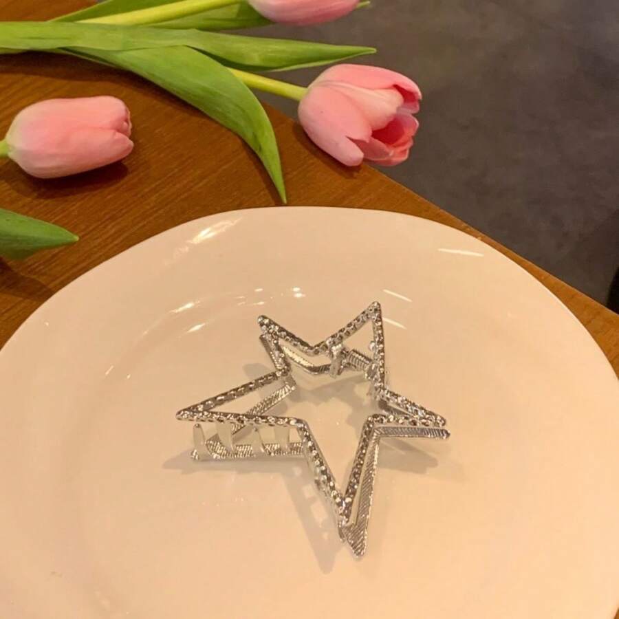 女性甜美酷炫星形髮夾，時尚金屬髮卡夾搭配捲髮 - 銀色 - 查看 1