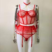 lenceria sexy malla con cadena exotica trae 3pieza - Rojo - Ver 1